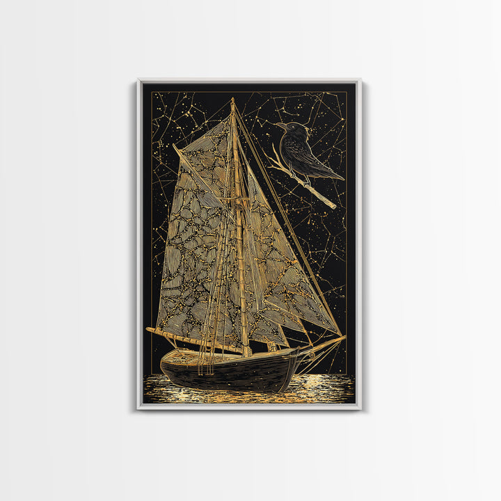 Golden Sailboat Artwork, Mythical Nautical Journey Wall Art, Canvas Gold Canvas Print, Real Wood Frame, Celestial Decor