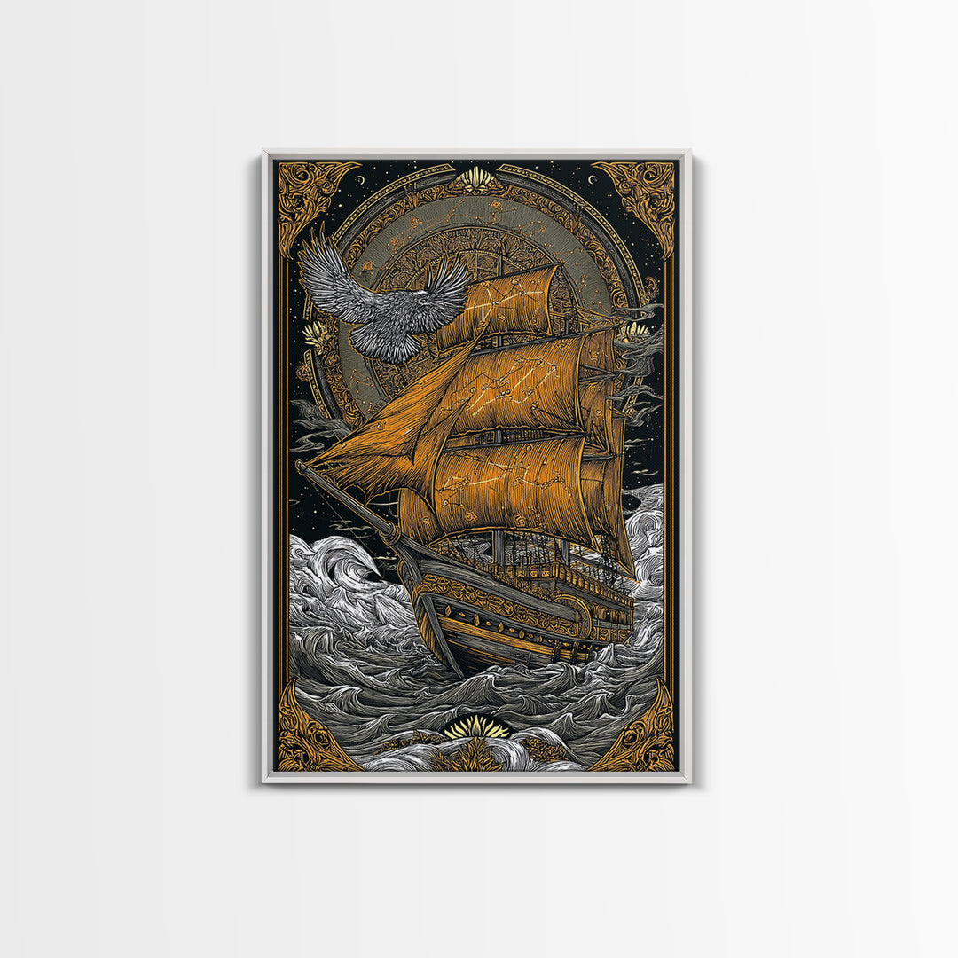Mythical Sailing Ship Artwork, Celestial Constellation Sea Voyage Wall Art, Canvas Gold Canvas Print, Real Wood Frame Decor
