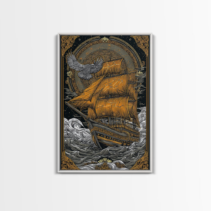 Mythical Sailing Ship Artwork, Celestial Constellation Sea Voyage Wall Art, Canvas Gold Canvas Print, Real Wood Frame Decor