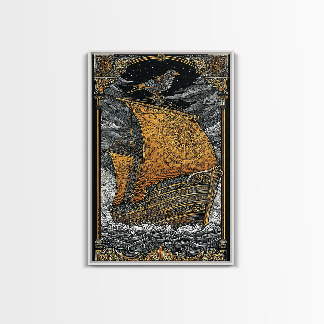 Ancient Ship Artwork, Nautical Journey With Bird Symbol Wall Art, Mythical Celestial Voyage, Canvas Gold Canvas Print, Real Wood Frame