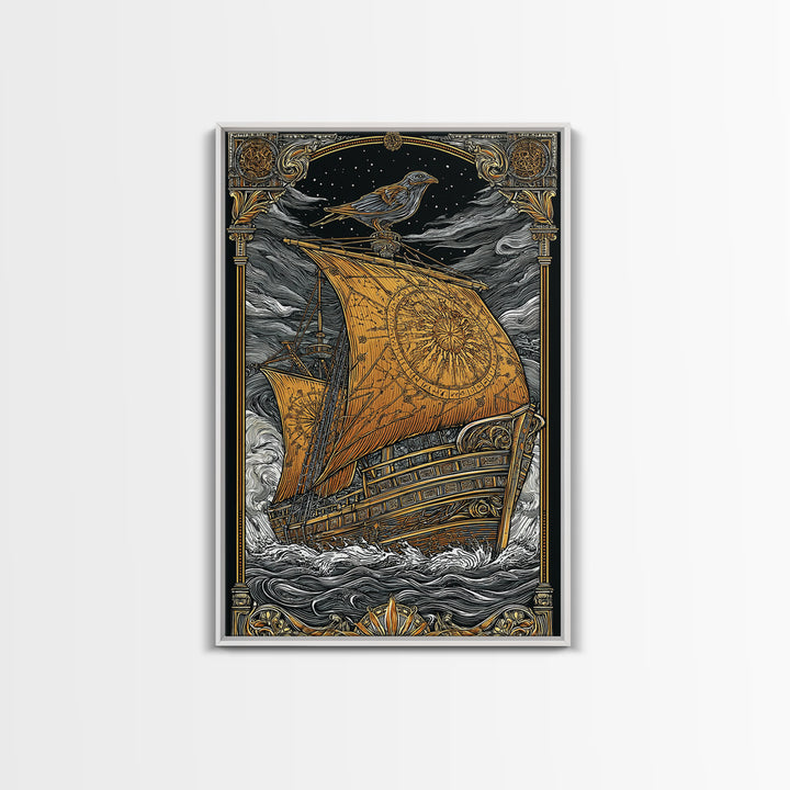 Ancient Ship Artwork, Nautical Journey With Bird Symbol Wall Art, Mythical Celestial Voyage, Canvas Gold Canvas Print, Real Wood Frame