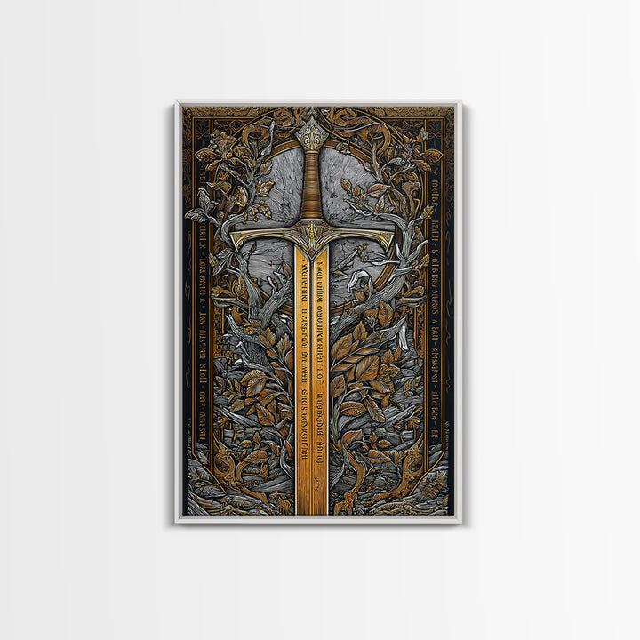 Sword Of Nature Artwork, Mythical Blade Surrounded By Leaves Wall Art, Ancient Weapon Design, Canvas Gold Canvas Print, Real Wood Frame