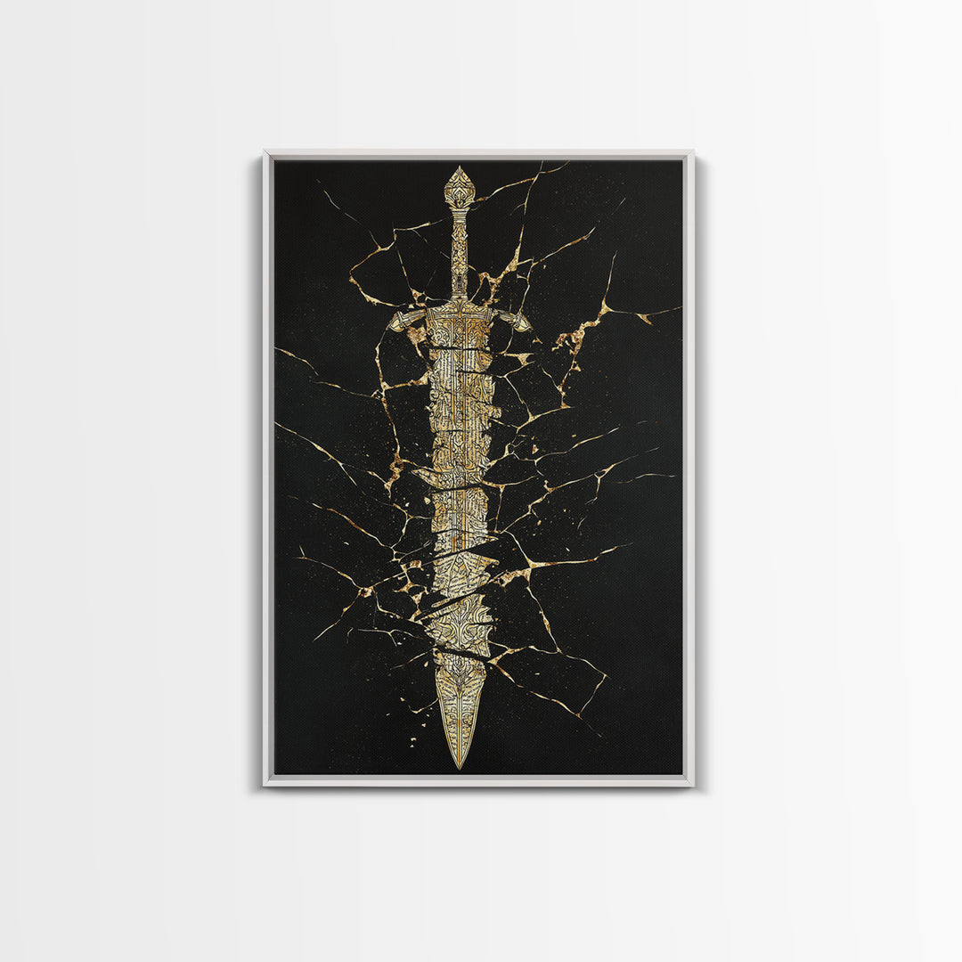 Broken Sword Artwork, Cracked Ancient Blade Symbol Wall Art, Mythical Weapon Decor, Esoteric Design, Canvas Gold Canvas Print, Real Wood Frame