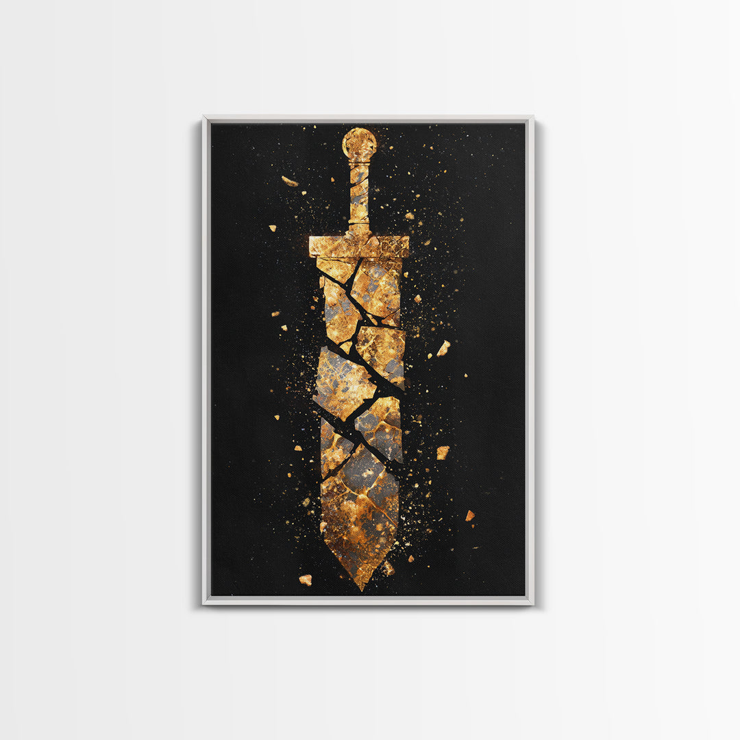 Shattered Sword Artwork, Exploding Blade Symbol Wall Art, Mythical Weapon Design, Ancient Esoteric Decor, Canvas Gold Canvas Print, Real Wood Frame