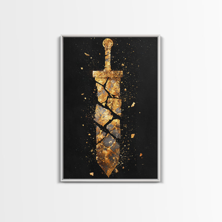 Shattered Sword Artwork, Exploding Blade Symbol Wall Art, Mythical Weapon Design, Ancient Esoteric Decor, Canvas Gold Canvas Print, Real Wood Frame