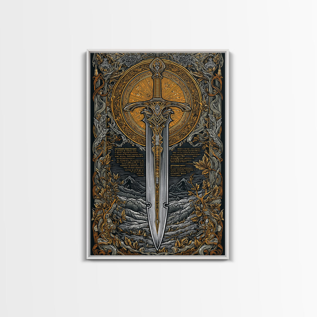 Mythical Sword Artwork, Celestial Blade And Sun Symbol Wall Art, Ornate Weapon Design, Ancient Inspired Decor, Canvas Gold Canvas Print, Real Wood Frame