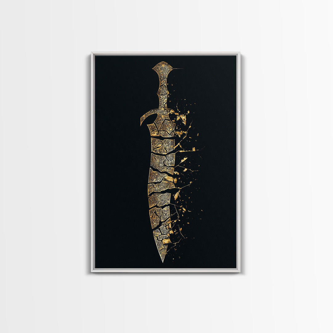 Ancient Broken Sword Artwork, Esoteric Cracked Blade Symbol Wall Art, Mythical Weapon Decor, Canvas Gold Canvas Print, Real Wood Frame