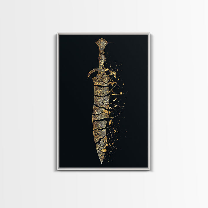 Ancient Broken Sword Artwork, Esoteric Cracked Blade Symbol Wall Art, Mythical Weapon Decor, Canvas Gold Canvas Print, Real Wood Frame