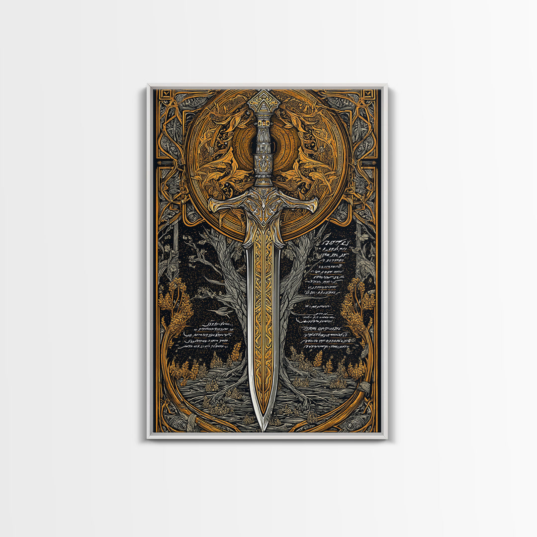Celestial Sword Artwork, Mythical Blade Surrounded By Ornate Sun Symbol, Ancient Weapon Design, Canvas Gold Canvas Print, Real Wood Frame