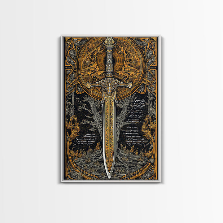 Celestial Sword Artwork, Mythical Blade Surrounded By Ornate Sun Symbol, Ancient Weapon Design, Canvas Gold Canvas Print, Real Wood Frame