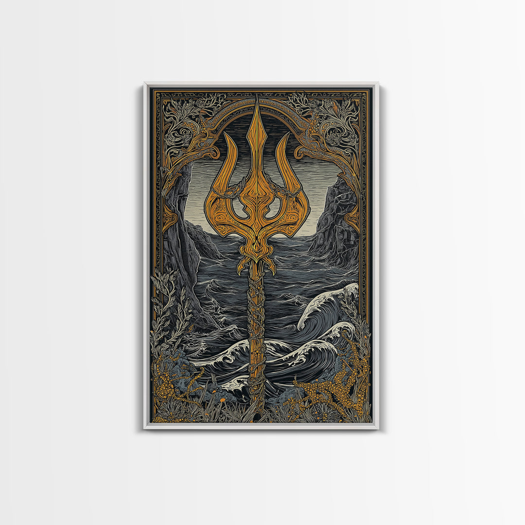 Mythical Trident Artwork, Ocean Waves And Ancient Sea God Symbol Wall Art, Nautical Decor, Canvas Gold Canvas Print, Real Wood Frame