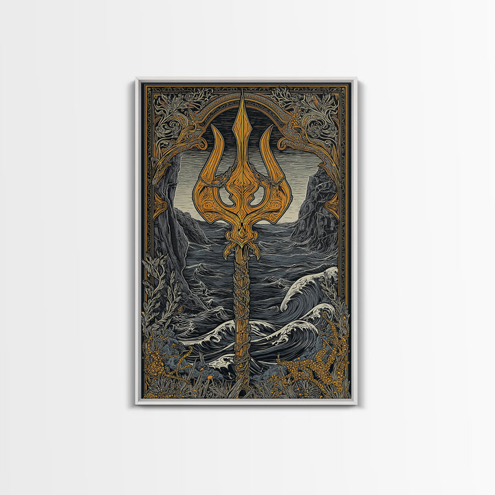 Mythical Trident Artwork, Ocean Waves And Ancient Sea God Symbol Wall Art, Nautical Decor, Canvas Gold Canvas Print, Real Wood Frame