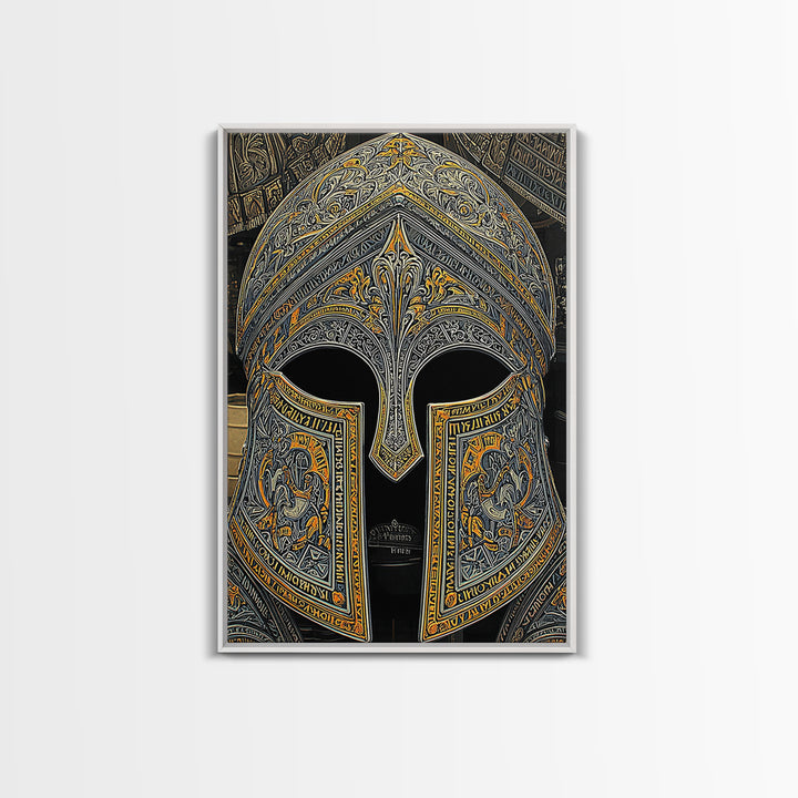 Floral Engraved Ancient Warrior Helmet Design – Canvas Gold Art, Classic Canvas Art in Real Wood Frame, Greek History Wall Decor