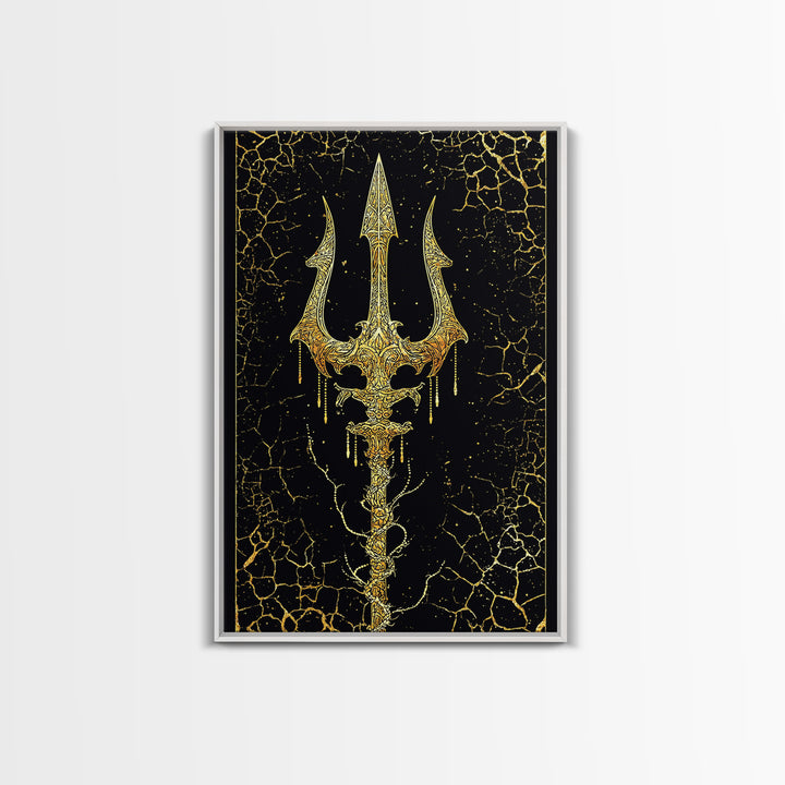 Ornate Trident Artwork, Mystical Sea God Weapon Symbol Wall Art, Ancient Nautical Decor, Mythical Design, Canvas Gold Canvas Print, Real Wood Frame