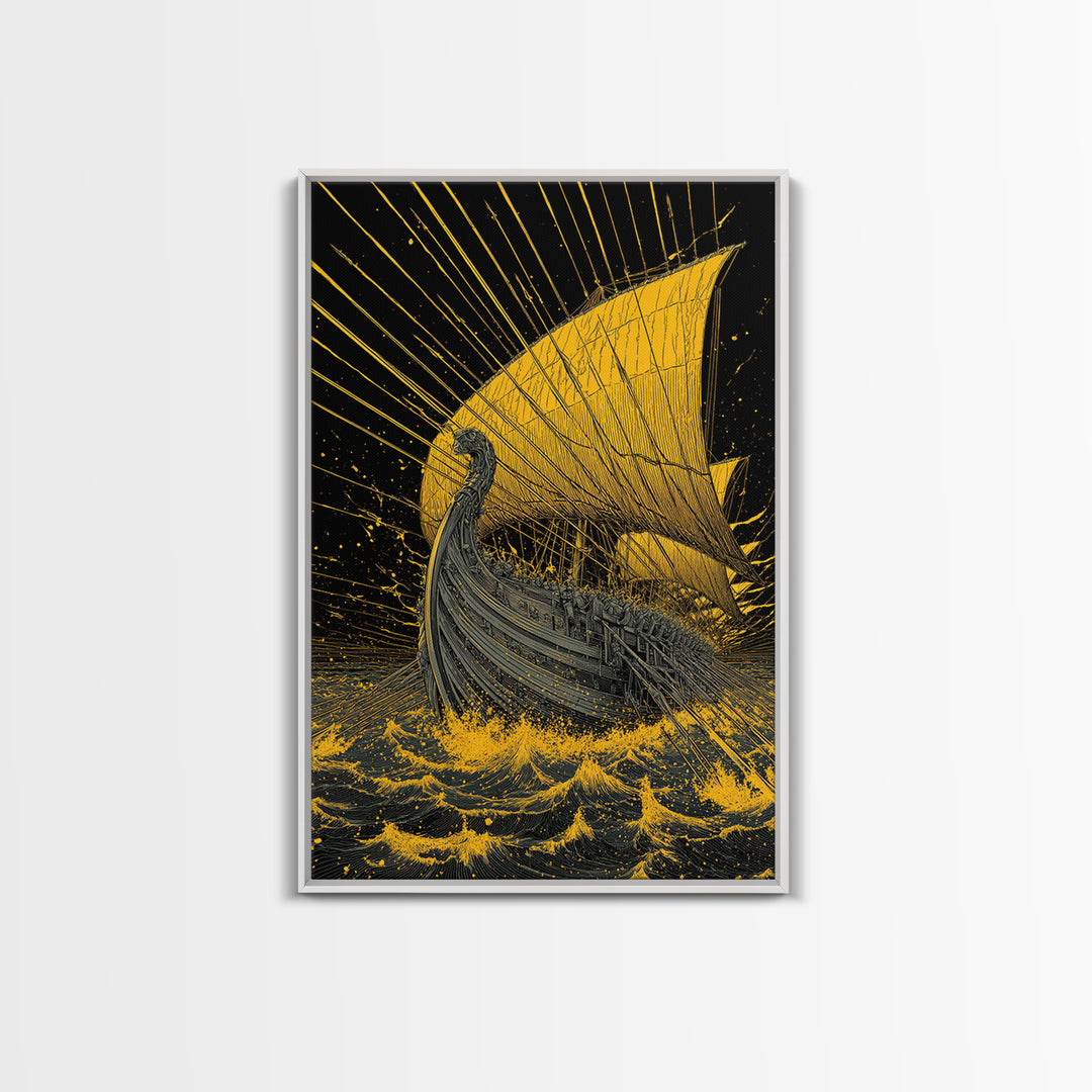 Canvas Gold Canvas Print, Ancient Greek Ship Wall Art, Mythology Ocean Decor, Real Wood Frame, Historic Maritime Artwork