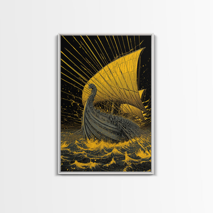 Canvas Gold Canvas Print, Ancient Greek Ship Wall Art, Mythology Ocean Decor, Real Wood Frame, Historic Maritime Artwork