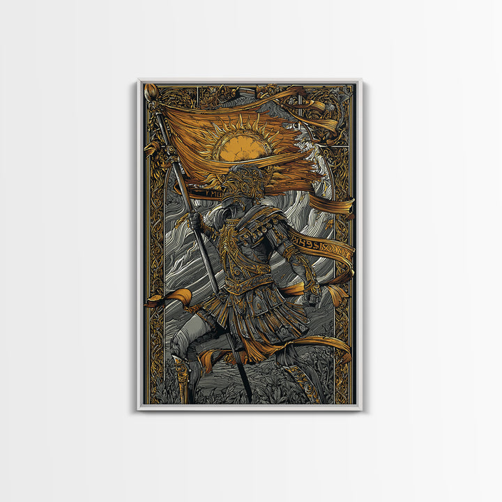 Canvas Gold Art, Greek Warrior Holding Banner, Mythology Wall Decor, Real Wood Frame, Ancient Hero Decorative Artwork