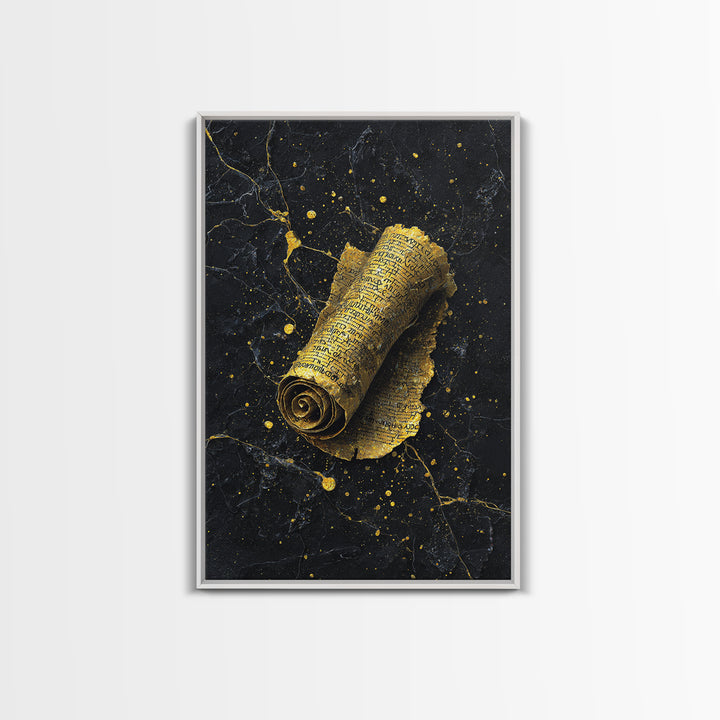 Canvas Gold Canvas Print, Ancient Scroll Wall Art, Mythology Inspired Decor, Real Wood Frame, Historic Manuscript Artwork