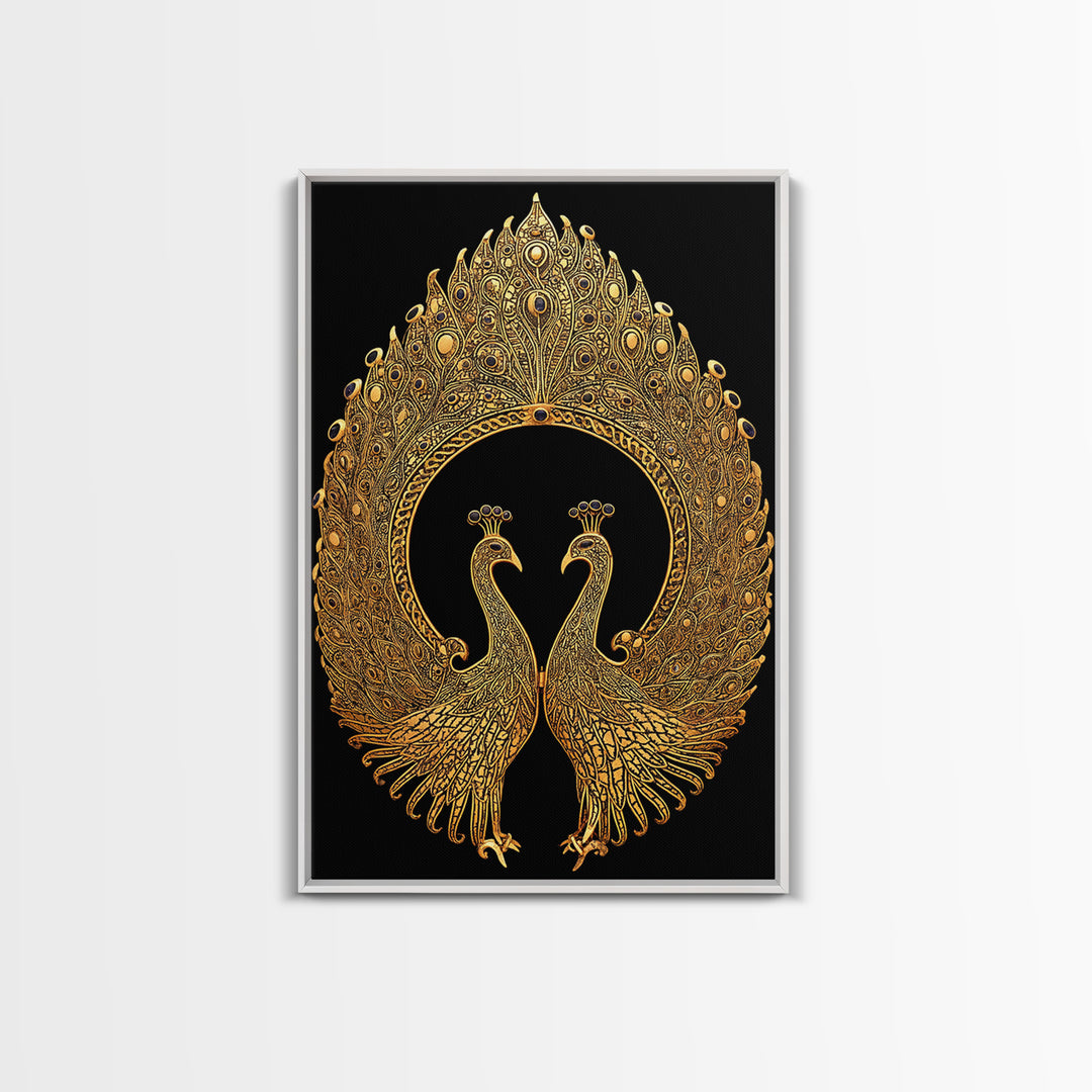 Canvas Gold Canvas Print, Ornate Peacock Wall Art, Mythology Inspired Decor, Real Wood Frame, Decorative Royal Artwork