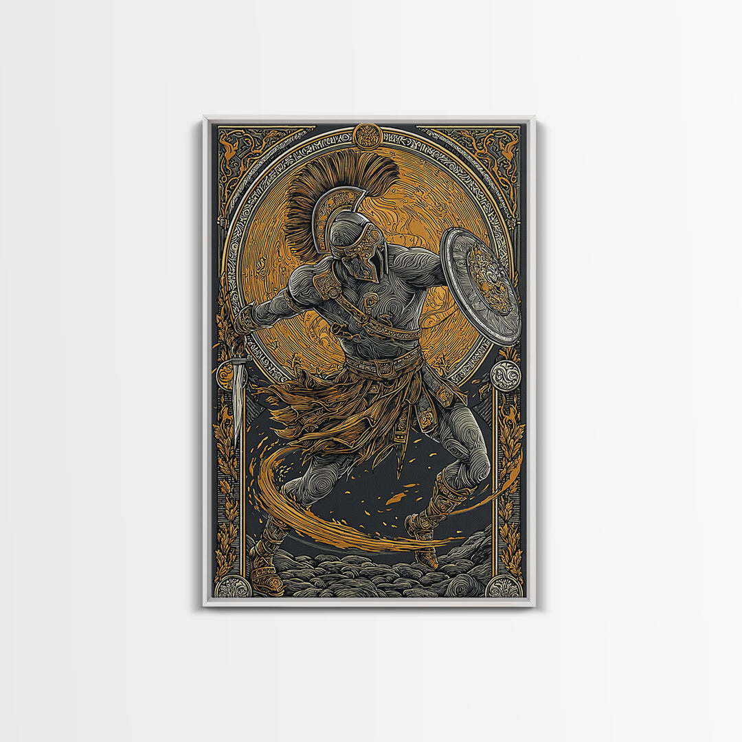 Canvas Gold Art, Spartan Warrior Wall Print, Mythology Inspired Decor, Real Wood Frame, Ancient Greek Hero Artwork