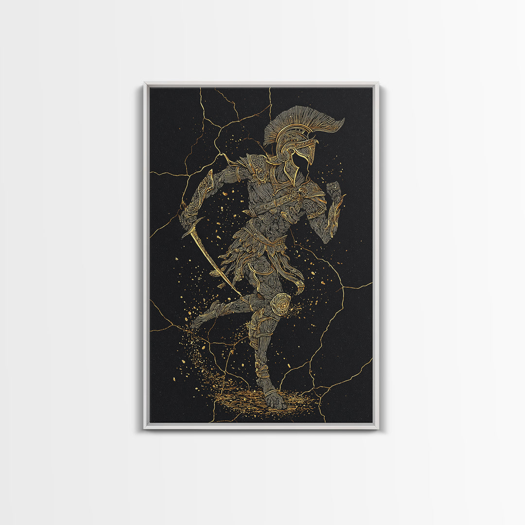 Canvas Gold Canvas Print, Spartan Runner Wall Art, Mythology Warrior Decor, Real Wood Frame, Ancient Greek Hero Artwork
