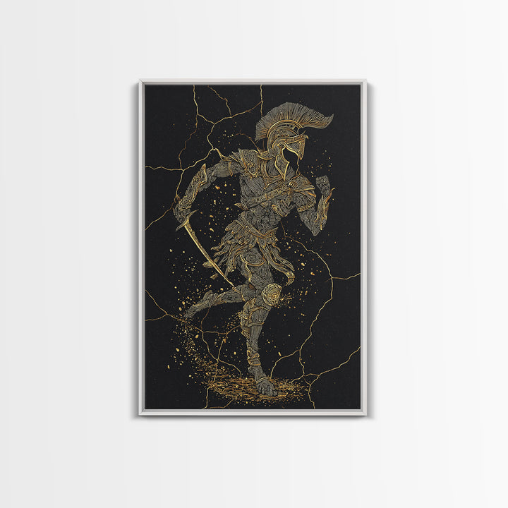 Canvas Gold Canvas Print, Spartan Runner Wall Art, Mythology Warrior Decor, Real Wood Frame, Ancient Greek Hero Artwork