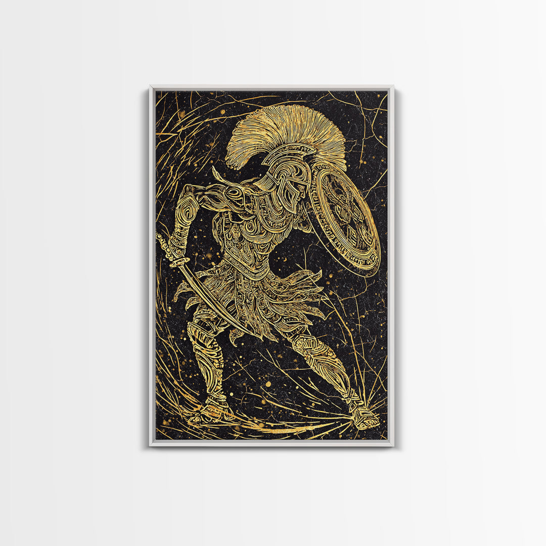 Canvas Gold Art, Ancient Greek Warrior With Shield, Mythology Inspired Wall Decor, Real Wood Frame, Heroic Battle Artwork
