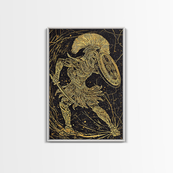 Canvas Gold Art, Ancient Greek Warrior With Shield, Mythology Inspired Wall Decor, Real Wood Frame, Heroic Battle Artwork