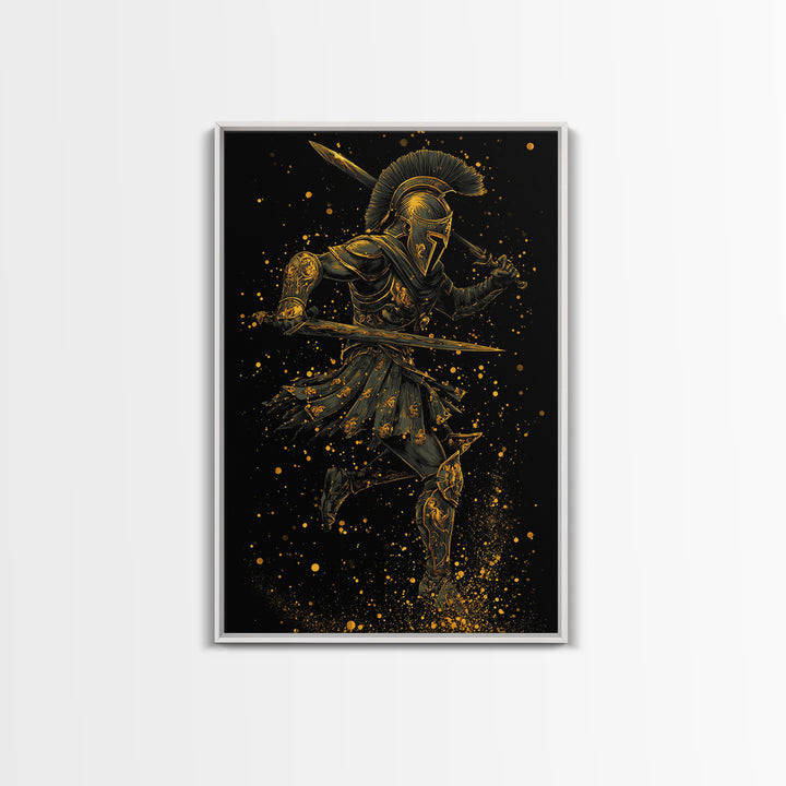 Canvas Gold Canvas Print, Spartan Warrior With Swords, Mythology Hero Decor, Real Wood Frame, Ancient Greek Soldier Artwork