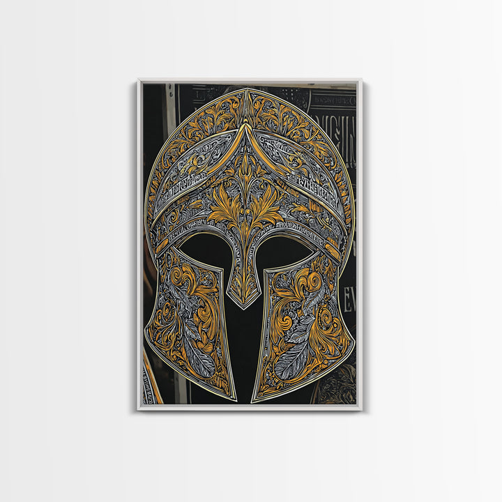 Antique Spartan Helmet with Mythical Inscriptions – Canvas Gold Art, Real Wood Framed Canvas Art, Aged Warrior Helmet Wall Art