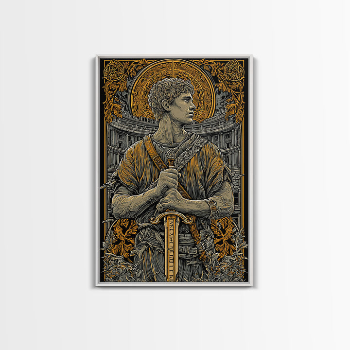 Canvas Gold Art, Roman Warrior Wall Print, Mythology Inspired Decor, Real Wood Frame, Ancient Empire Hero Artwork