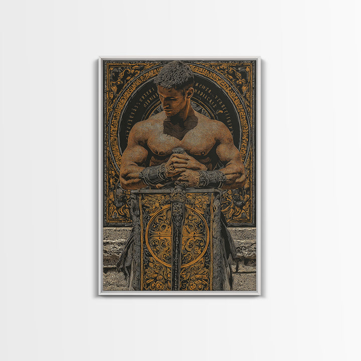 Roman Warrior With Ornate Shield, Canvas Gold Canvas Print, Mythology Wall Art, Gladiator Decor, Real Wood Framed Artwork