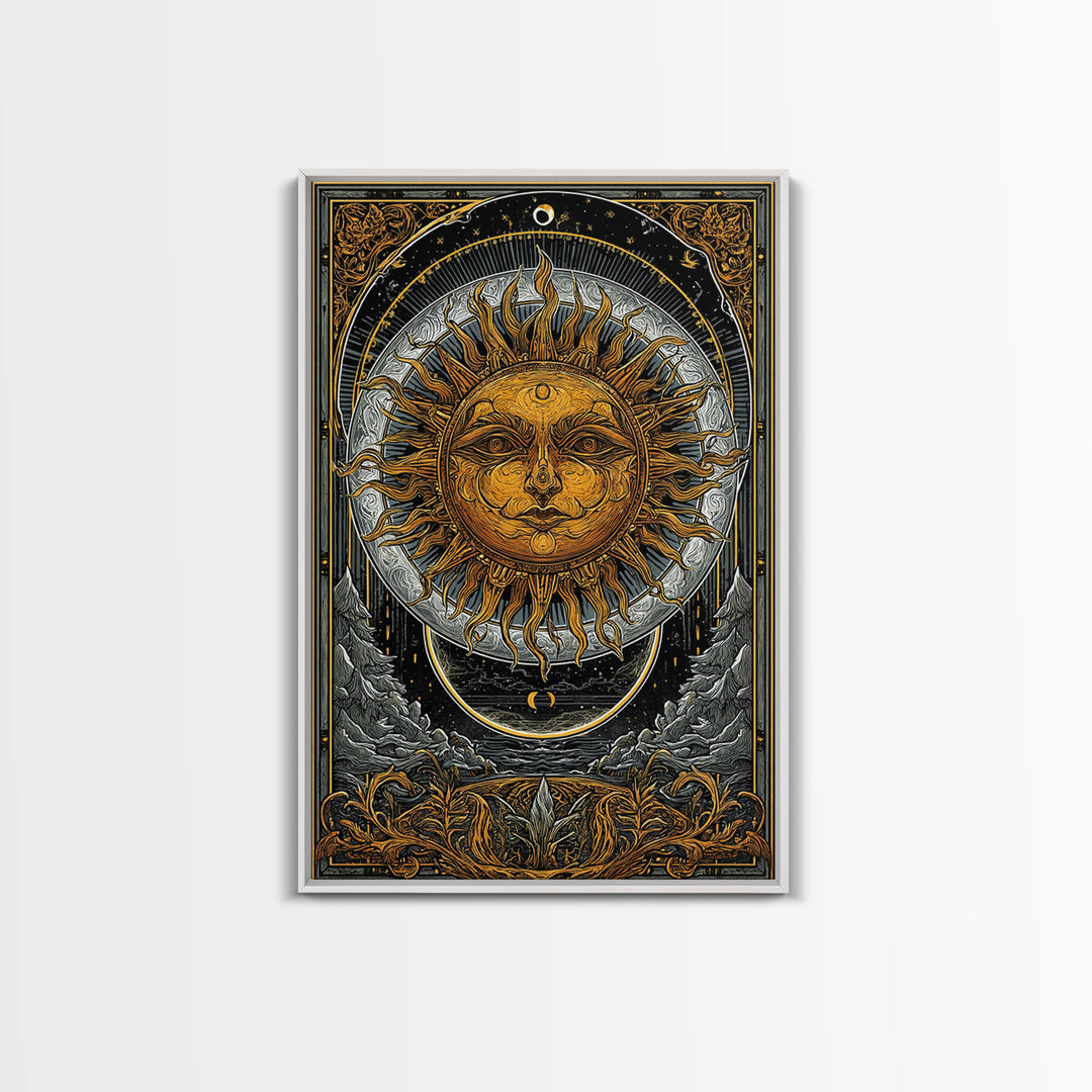 Celestial Sun And Moon Design, Canvas Gold Art, Astrology Wall Print, Mystical Home Decor, Real Wood Frame Mythic Artwork