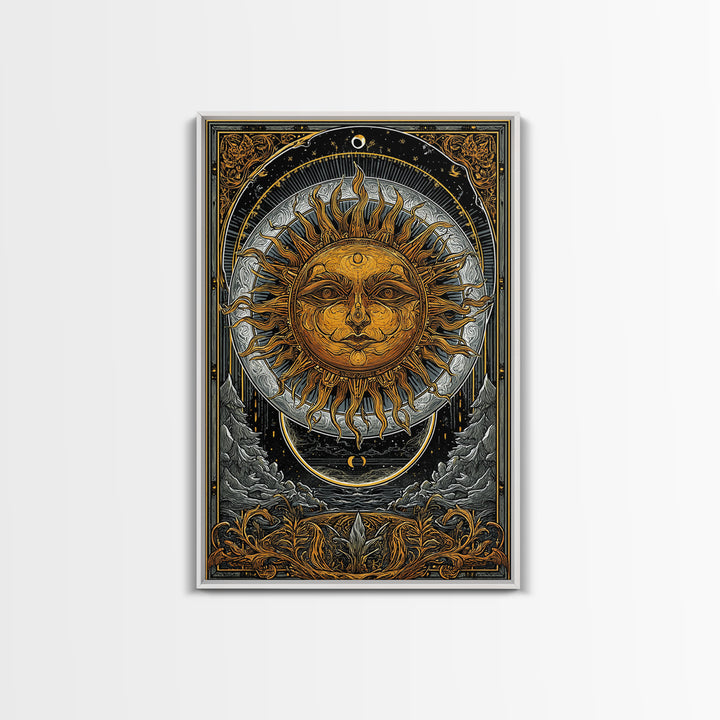 Celestial Sun And Moon Design, Canvas Gold Art, Astrology Wall Print, Mystical Home Decor, Real Wood Frame Mythic Artwork