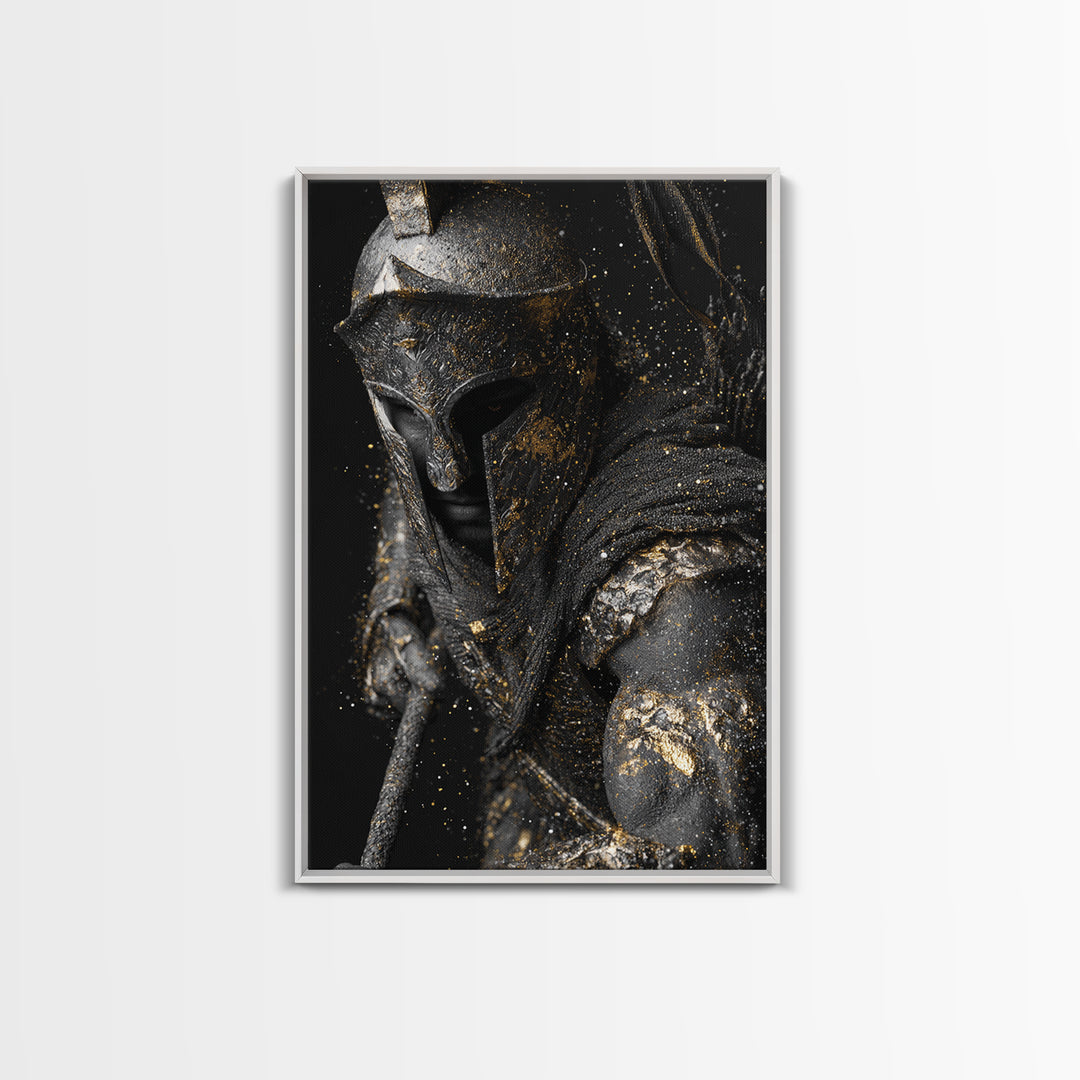 Spartan Warrior Helmet Portrait, Canvas Gold Canvas Print, Greek Soldier Wall Art, Heroic Decor, Real Wood Frame Artwork