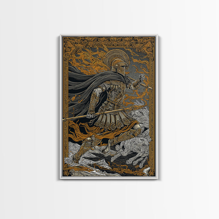 Ancient Warrior With Spear, Canvas Gold Canvas Print, Mythology Wall Art, Battle Scene Decor, Real Wood Frame Epic Artwork