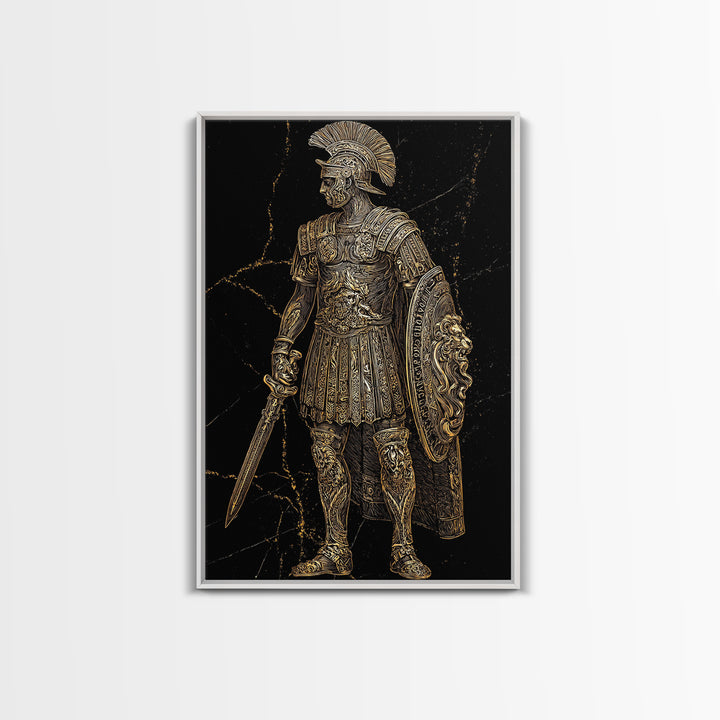 Roman Soldier With Lion Shield, Canvas Gold Canvas Print, Gladiator Wall Art, Mythology Decor, Real Wood Frame Artwork
