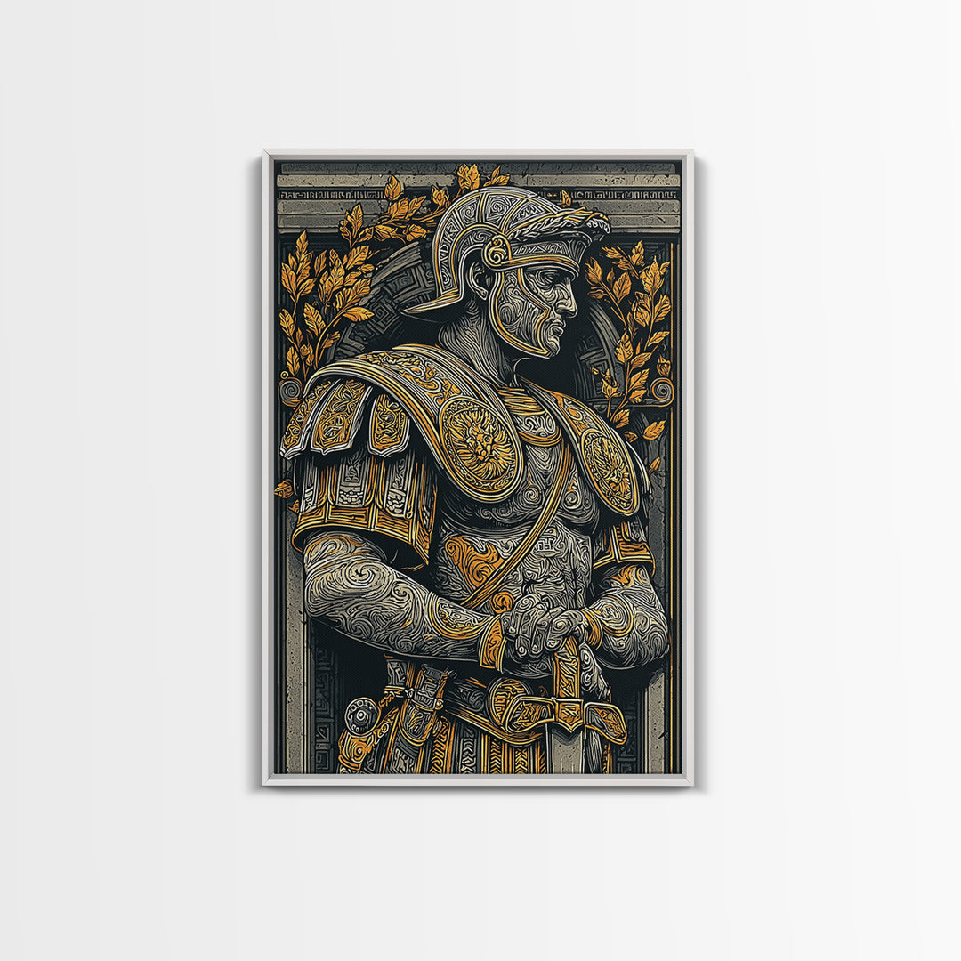 Classic Roman Bust In Armor, Canvas Gold Art, Ancient Warrior Wall Print, Mythology Home Decor, Real Wood Frame Artwork