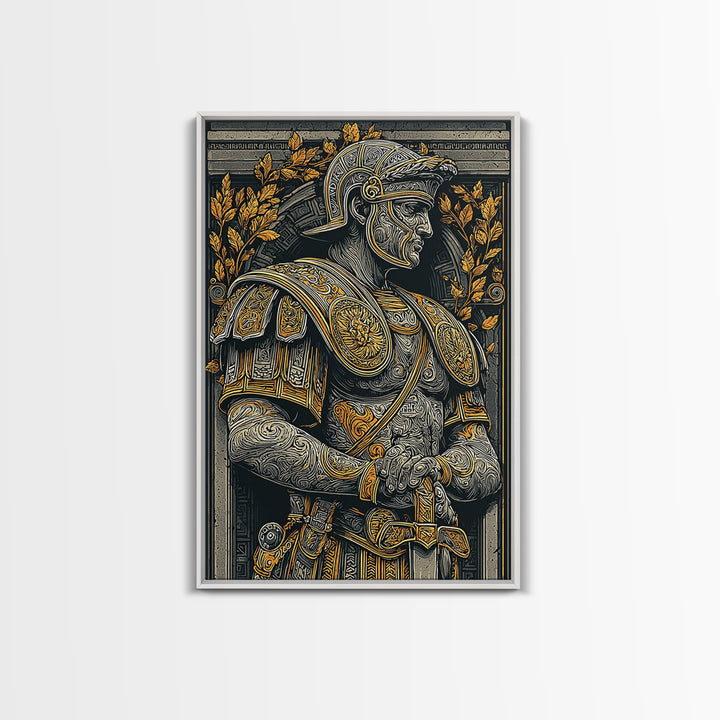 Classic Roman Bust In Armor, Canvas Gold Art, Ancient Warrior Wall Print, Mythology Home Decor, Real Wood Frame Artwork