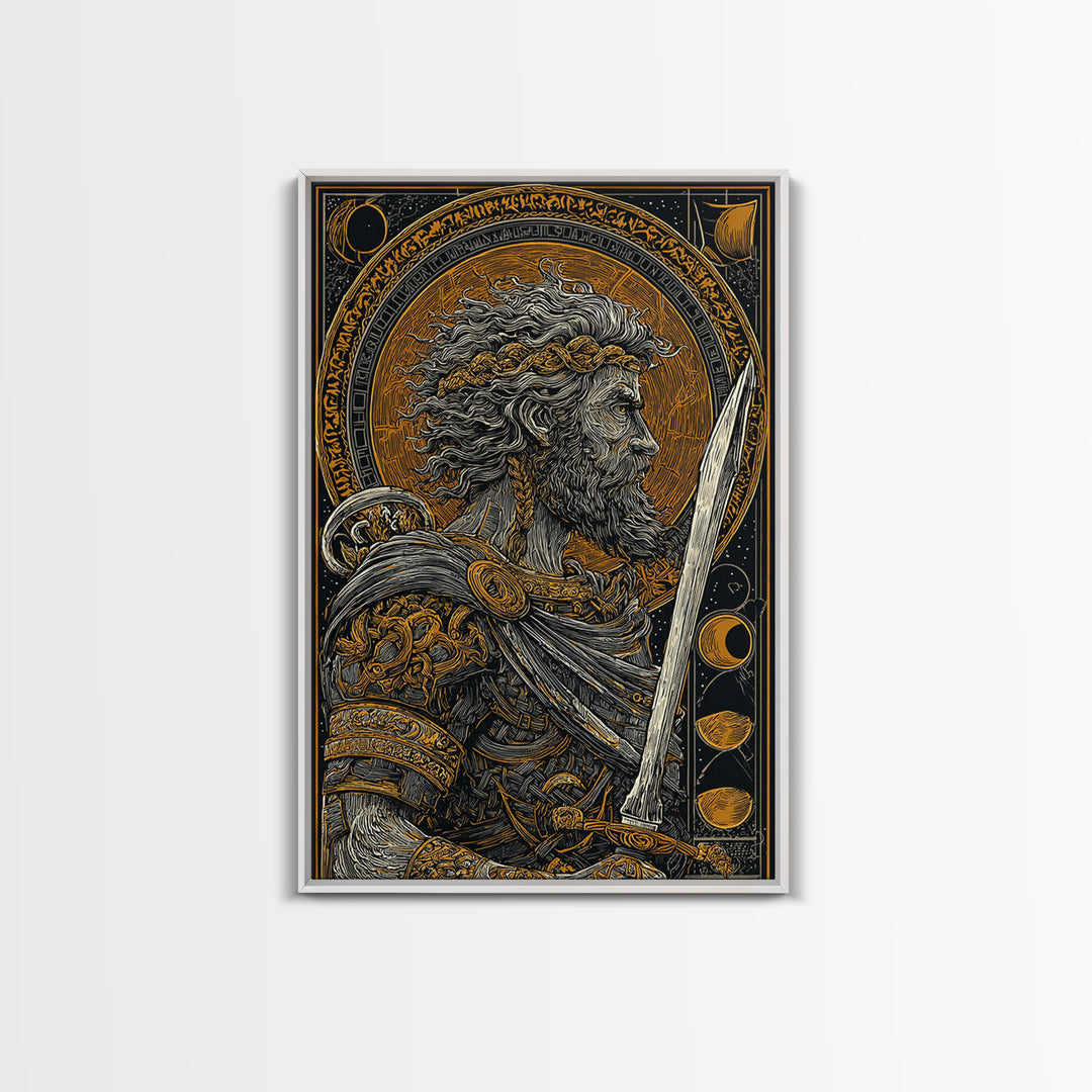 Warrior With Sword And Laurel, Canvas Gold Canvas Print, Greek Myth Wall Art, Heroic Decor, Real Wood Frame Epic Artwork