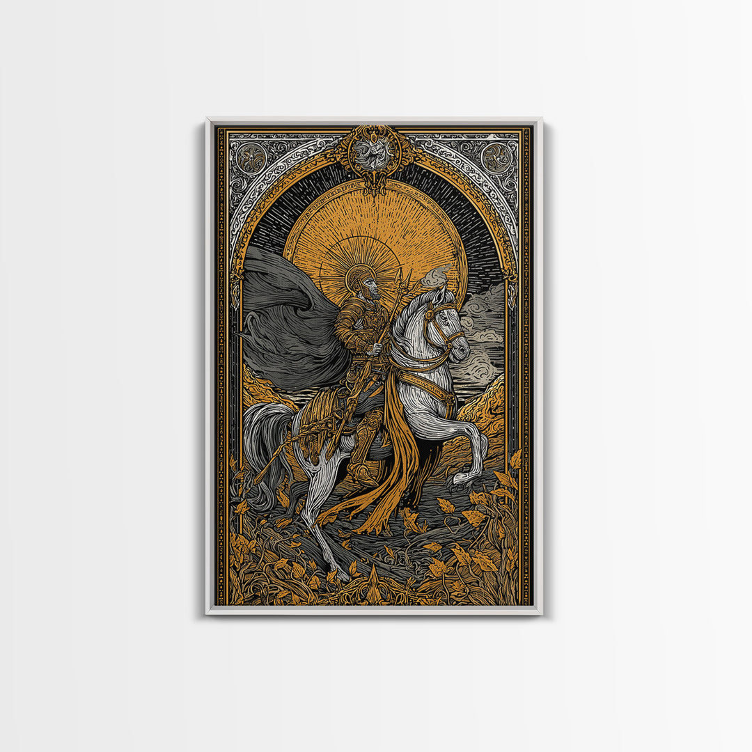 Knight On Horseback With Sun, Canvas Gold Canvas Print, Mythology Wall Art, Ancient Decor, Real Wood Frame Battle Artwork