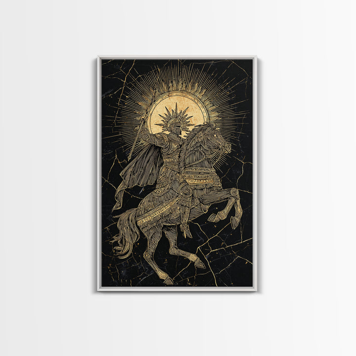 Heroic Warrior On Horseback, Canvas Gold Art, Ancient Soldier Wall Print, Mythology Decor, Real Wood Frame Epic Artwork