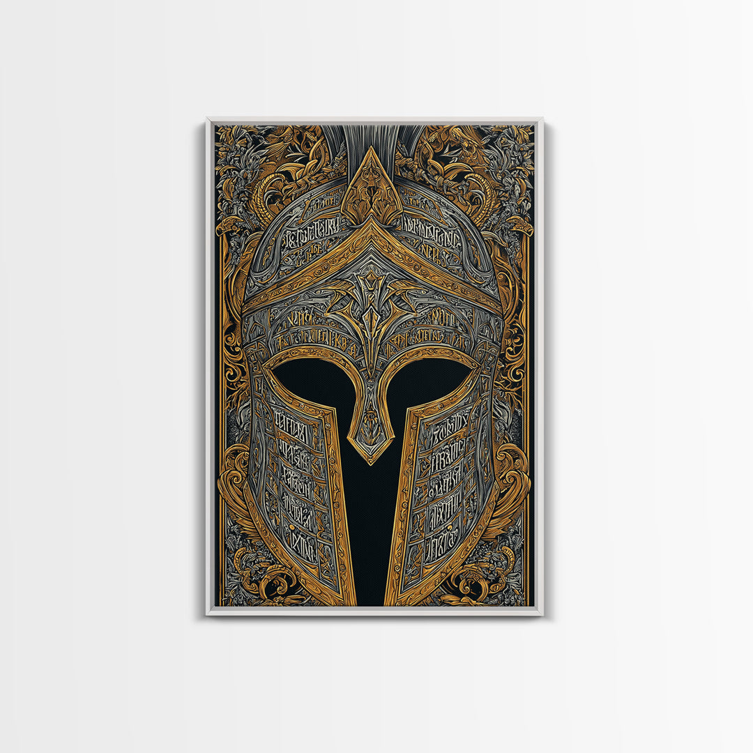 Engraved Bronze Helmet with Greek Script – Canvas Gold Art, Rustic Framed Canvas Art, Mythology-Inspired Warrior Wall Accent