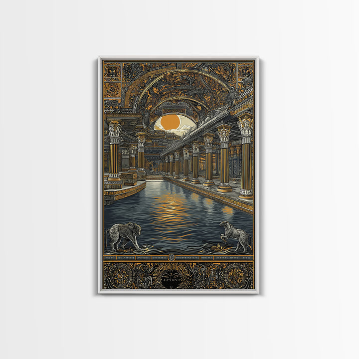 Ancient Temple Columns And Sun, Canvas Gold Canvas Print, Mythical Architecture Wall Art, Real Wood Framed Artwork