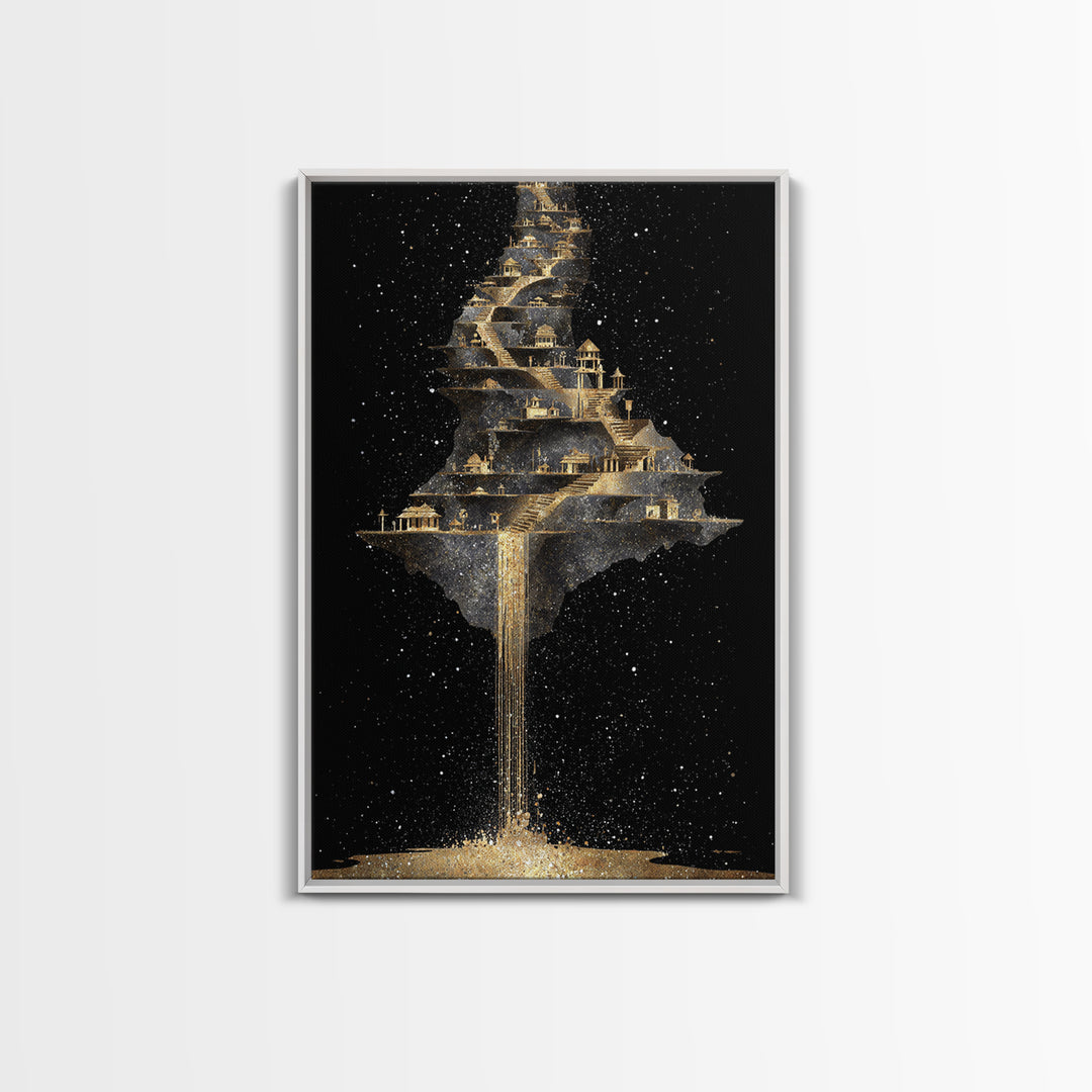 Floating Cosmic City Of Light, Canvas Gold Canvas Print, Fantasy Architecture Wall Art, Real Wood Framed Home Decor