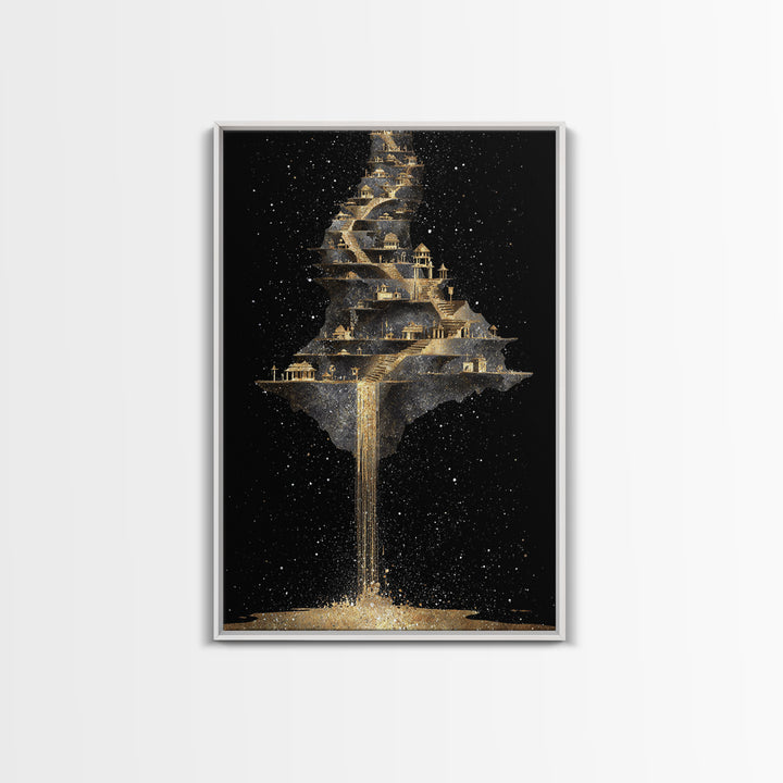 Floating Cosmic City Of Light, Canvas Gold Canvas Print, Fantasy Architecture Wall Art, Real Wood Framed Home Decor