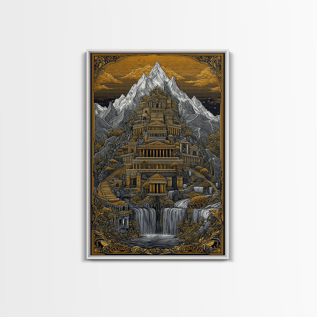 Mythical Mountain Palace With Waterfalls, Canvas Gold Canvas Print, Fantasy Landscape Art, Real Wood Framed Wall Decor