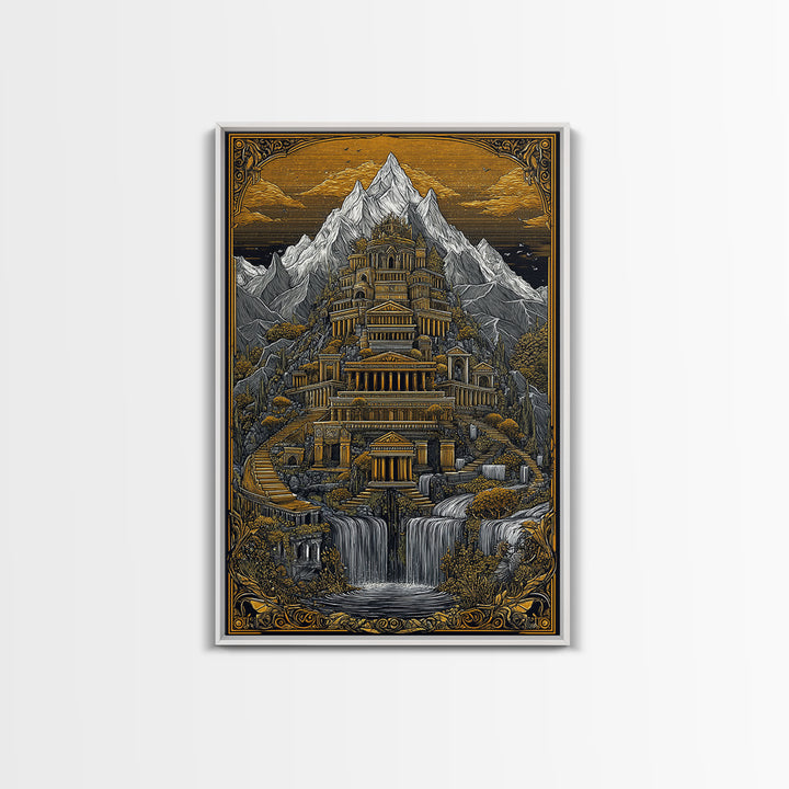 Mythical Mountain Palace With Waterfalls, Canvas Gold Canvas Print, Fantasy Landscape Art, Real Wood Framed Wall Decor