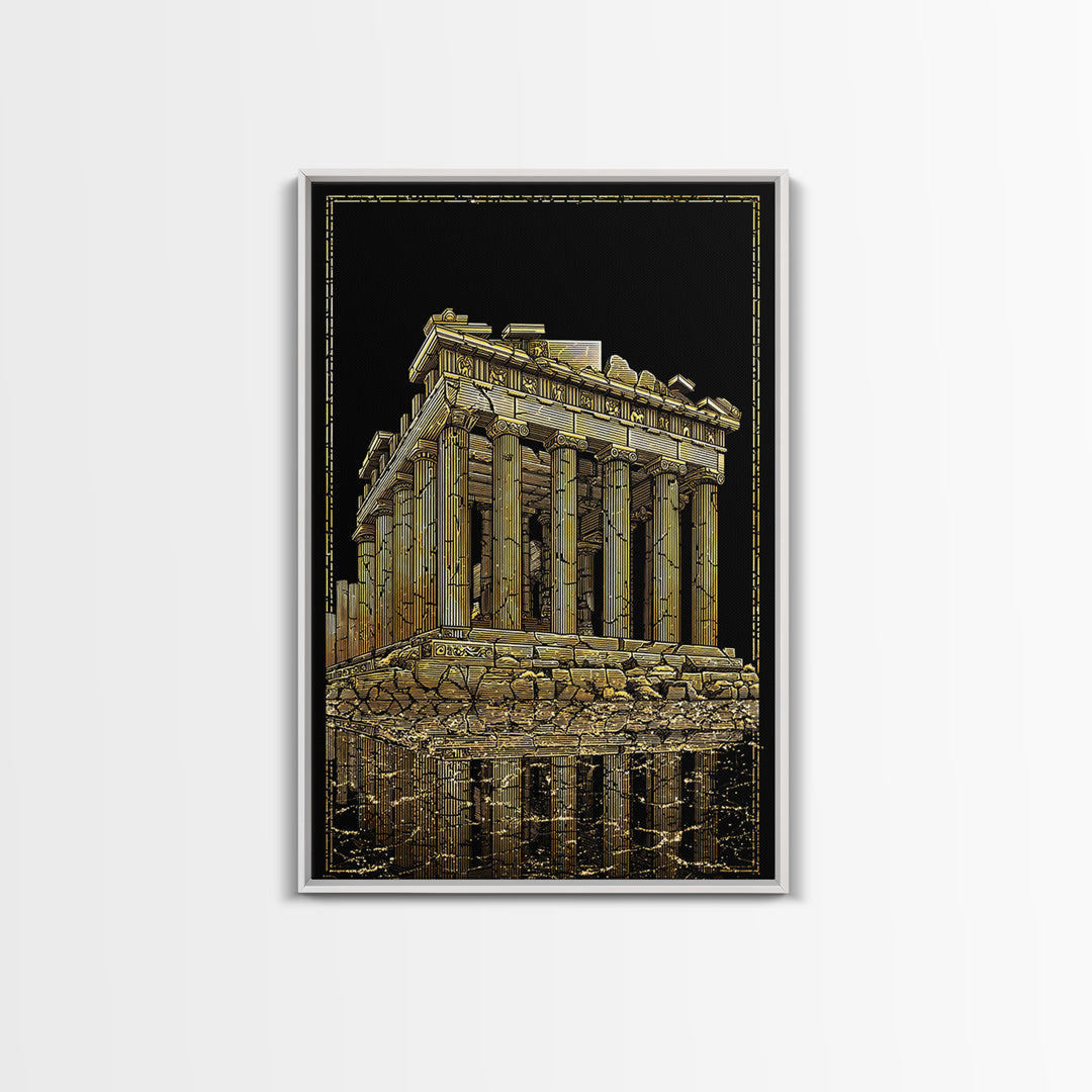 Ancient Ruins On Water Reflection, Canvas Gold Canvas Print, Classical Greek Architecture Wall Art, Real Wood Framed Art