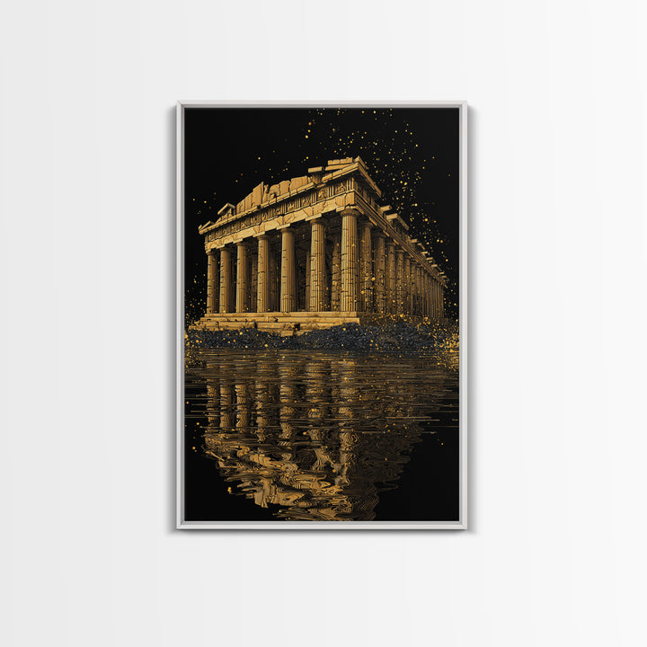 Parthenon Temple Reflection Shimmer, Canvas Gold Canvas Print, Ancient Greek Architecture Artwork, Real Wood Framed Decor